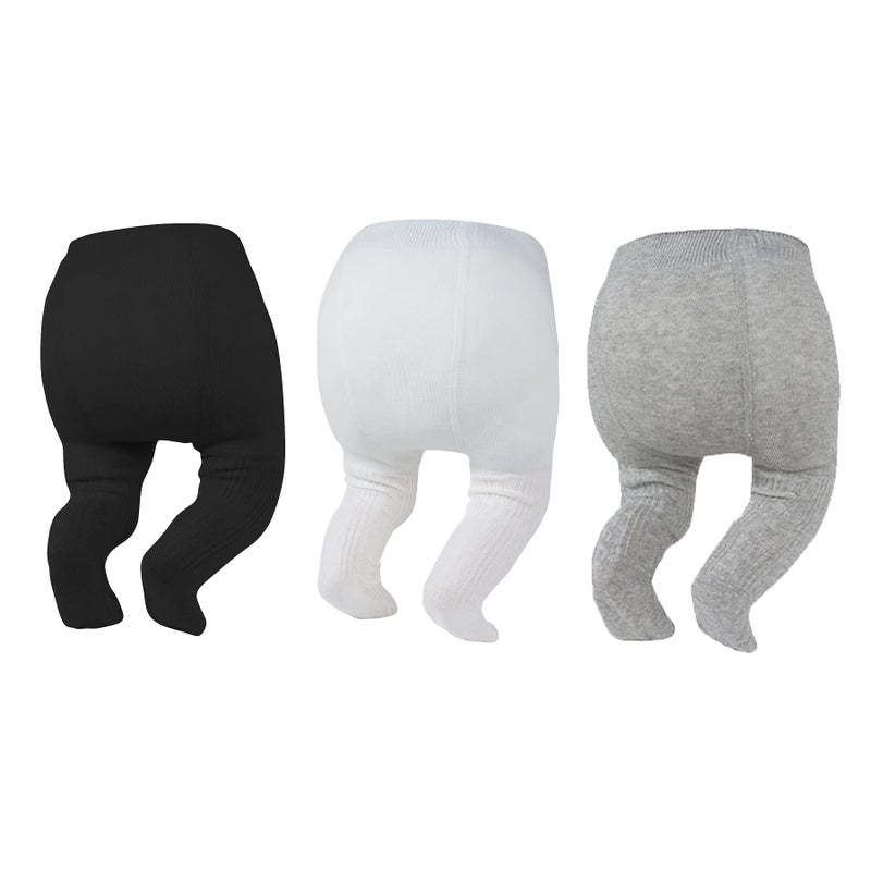 Zando Baby Girl Tights Toddler Leggings Newborn Winter Essentials Soft Cotton Pants for Kids Thermal Stockings Warm Pantyhose for Daily Outfits Baby Tights 6-12 Months 3 Pack White Black Grey - Image 1